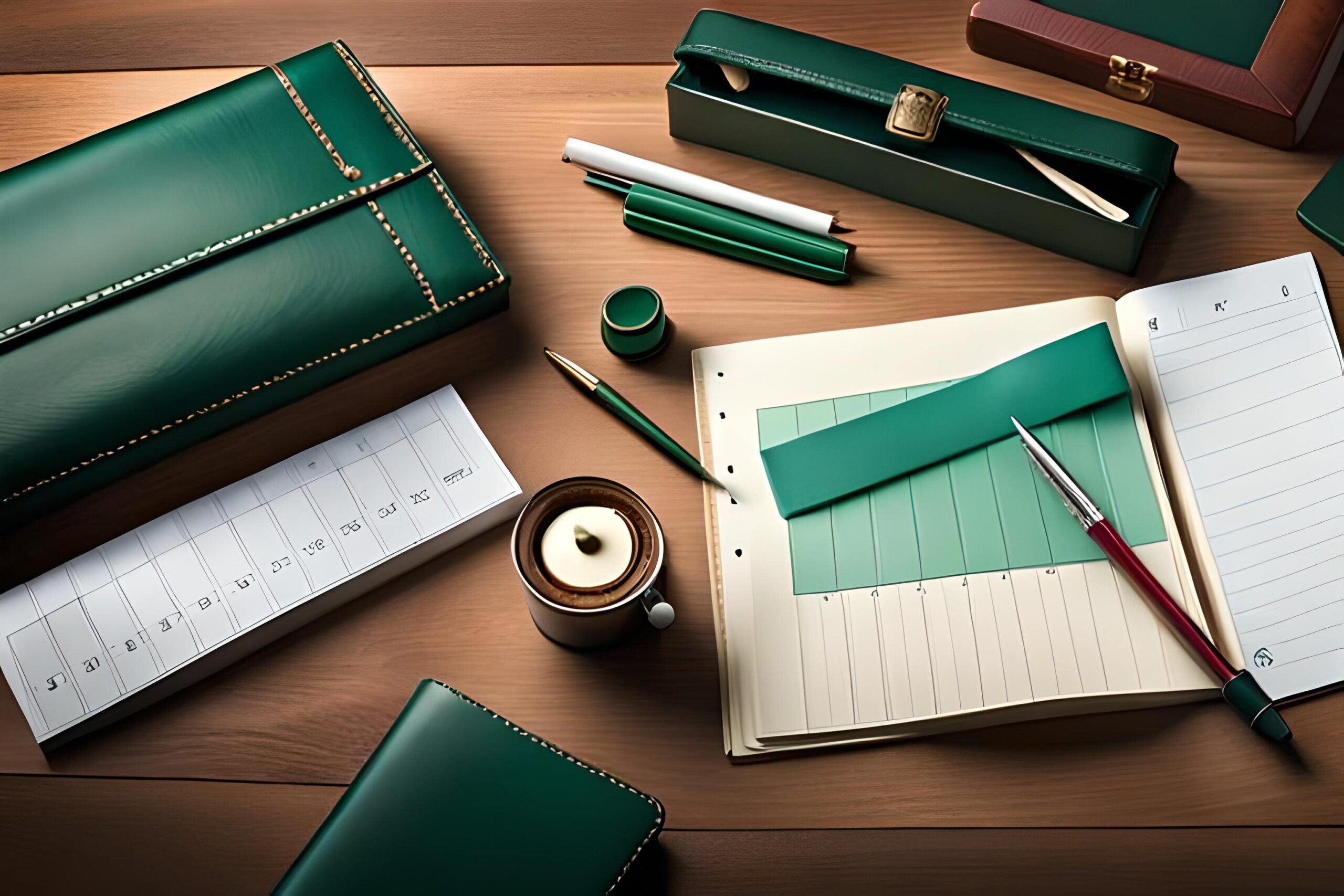Green stationery on a table, green leather pouch, green pen holder, design consistency in rand design.