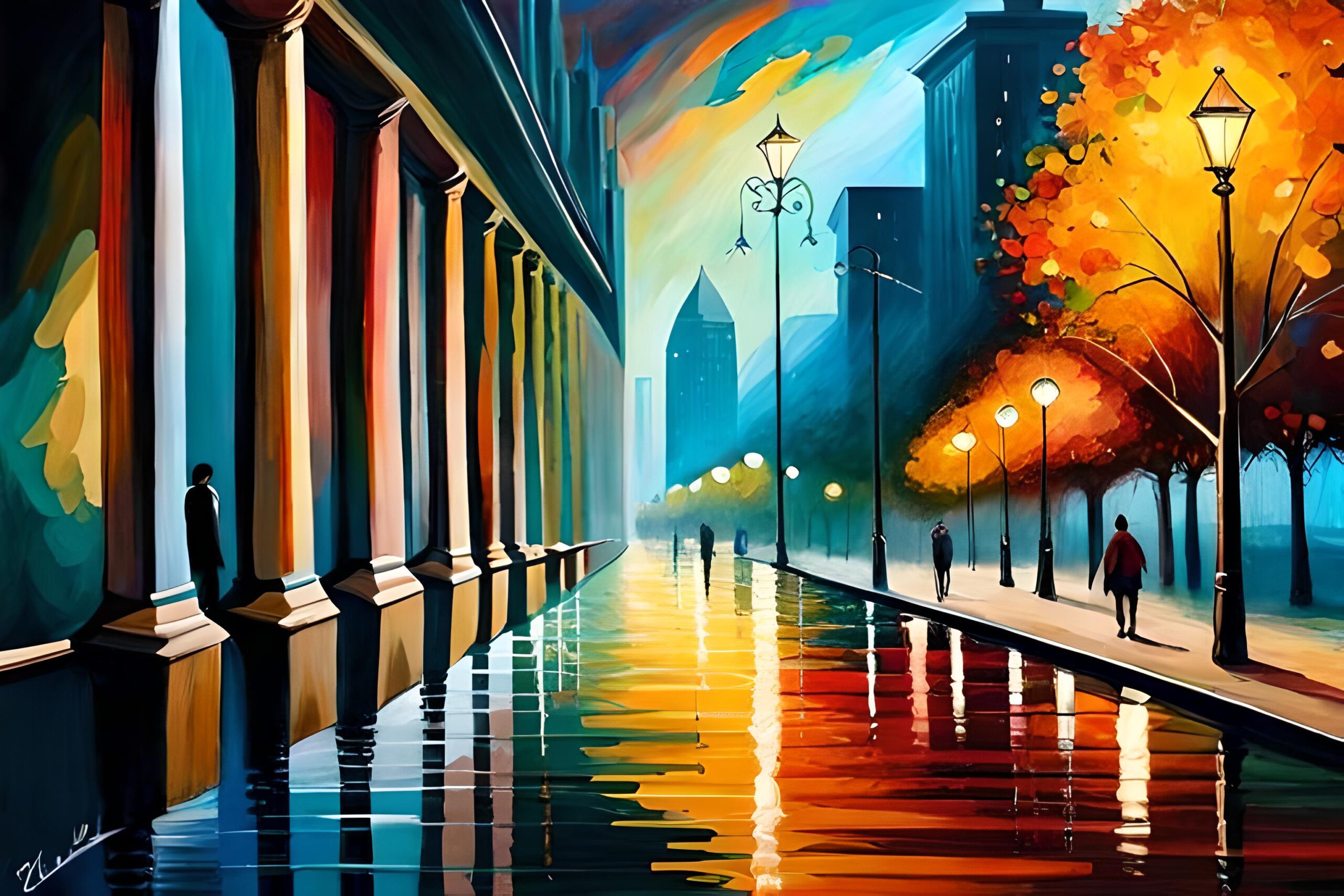 colourful oil painting, cityscape, abstract art, bright and bold colours person walking, buildings and street lamps, rainy painting.