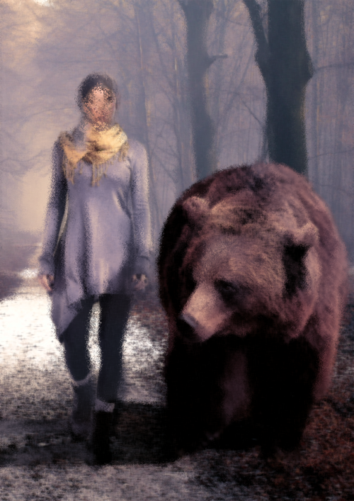 silver silence, silver, valentin, bear, grizzly, woman walking with bear, fan art, nalini singh, psy changeling,